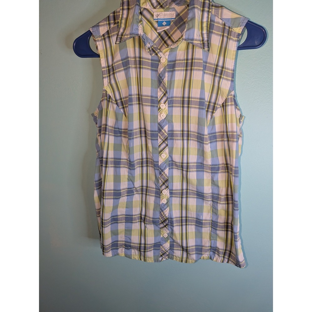 Columbia Womens Sleeveless Plaid Button Down Shirt Blue Green Vented Back Small